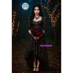 Vintage 80s Nem's Dress Gothic Black & Gold Metallic Lace Wedding Goth ALT egirl